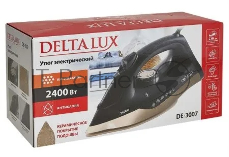 Утюг DELTA LUX DE-3007 черный/золотой, 2400 Вт, 30 г/мин, 150 г/мин, 220 мл