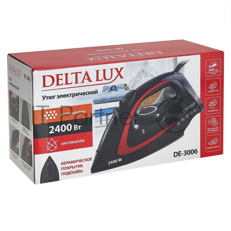 Утюг DELTA LUX DE-3006 черный/красный, 2400 Вт, 30 г/мин, 150 г/мин, 300 мл