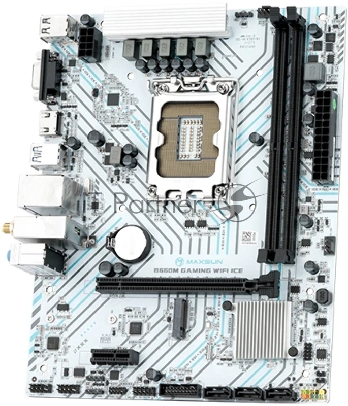 Материнская плата Maxsun MS-B660M GAMING WIFI ICE (Socket 1700, mATX, 2*DDR4(64Gb), VGA/HDMI, 3*SATA3, 1*M.2, 1*PCIEx16/1*PCIEx1, 4*USB2.0, 2*USB 3.2, LAN 1*1G, Bluetooth 4.2, Wi-Fi 802.11ac, RTL)