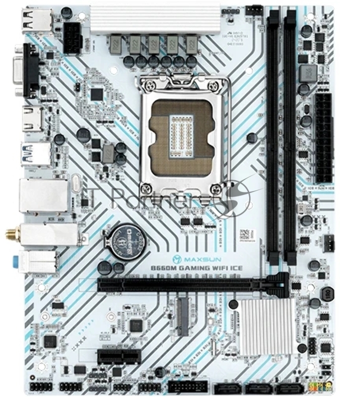 Материнская плата Maxsun MS-B660M GAMING WIFI ICE (Socket 1700, mATX, 2*DDR4(64Gb), VGA/HDMI, 3*SATA3, 1*M.2, 1*PCIEx16/1*PCIEx1, 4*USB2.0, 2*USB 3.2, LAN 1*1G, Bluetooth 4.2, Wi-Fi 802.11ac, RTL)