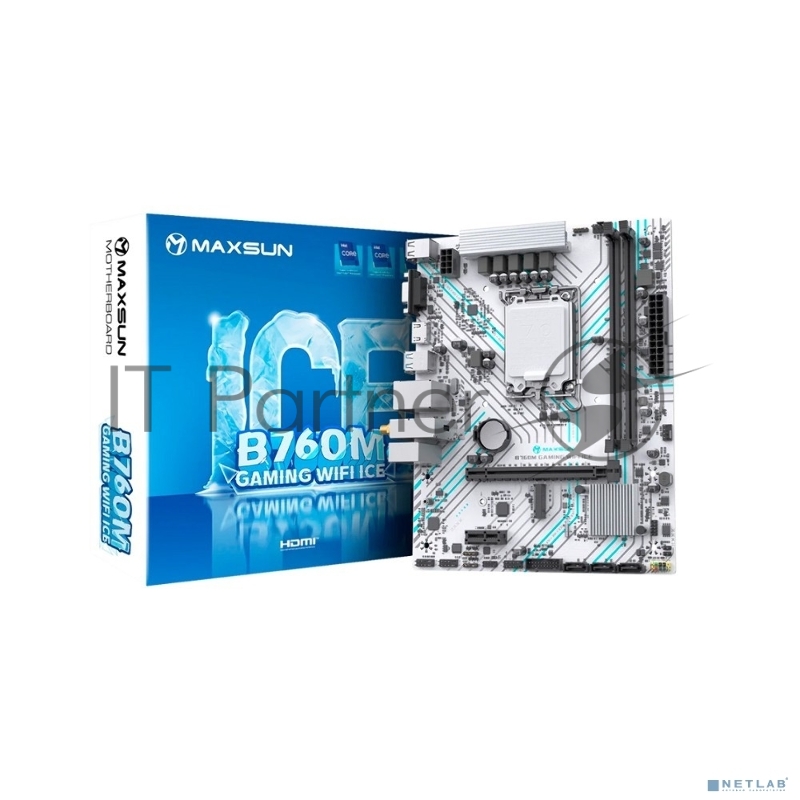 Материнская плата Maxsun MS-B660M GAMING WIFI ICE (Socket 1700, mATX, 2*DDR4(64Gb), VGA/HDMI, 3*SATA3, 1*M.2, 1*PCIEx16/1*PCIEx1, 4*USB2.0, 2*USB 3.2, LAN 1*1G, Bluetooth 4.2, Wi-Fi 802.11ac, RTL)