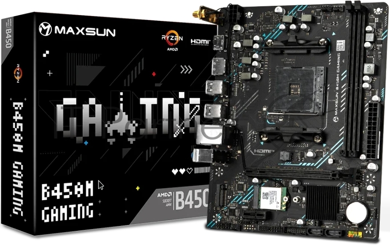 Материнская плата Maxsun MS-B450M GAMING WIFI (Socket AM4, mATX, 2*DDR4 (64Gb), DP/HDMI, 2*SATA3, 1*M.2, 1*PCIEx16/1*PCIEx1, 2*USB2.0, 4*USB 3.2 Gen1, LAN 1*1G, Wi-Fi 802.11ac, RTL)