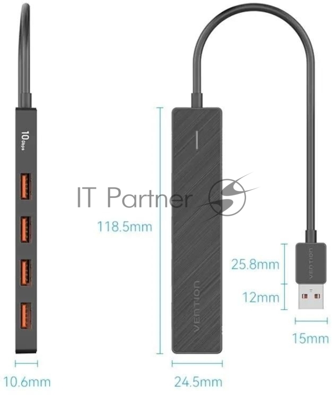 Концентратор Vention USB 3.2 Gen 2 на 4 порта Черный - 0.15м.
