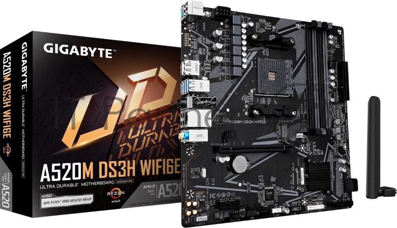 Материнская плата Gigabyte A520M DS3H WF6E A520, AM5, 4xDDR4, 1*PCI-Ex16,4*M.2, 6*USB3.2Gen1, 8*USB2.0, 4*SATA3.0, 1G, DP, HDMI, ATX, RTL