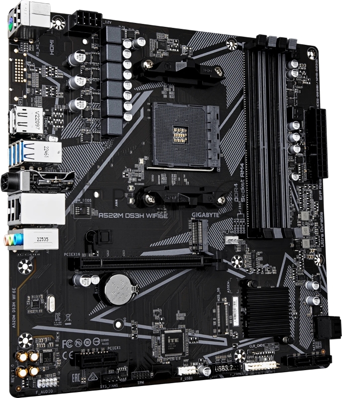 Материнская плата Gigabyte A520M DS3H WF6E A520, AM5, 4xDDR4, 1*PCI-Ex16,4*M.2, 6*USB3.2Gen1, 8*USB2.0, 4*SATA3.0, 1G, DP, HDMI, ATX, RTL