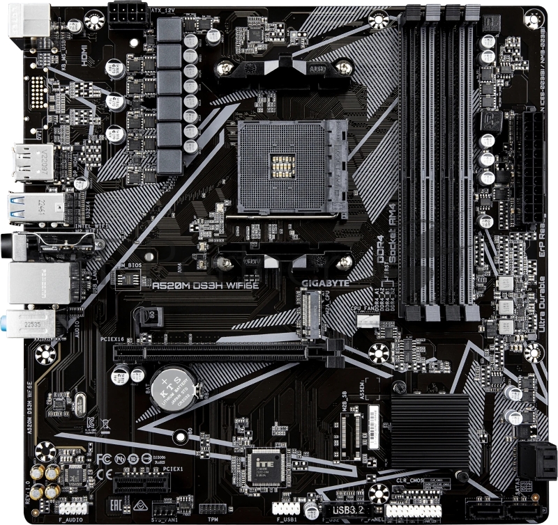 Материнская плата Gigabyte A520M DS3H WF6E A520, AM5, 4xDDR4, 1*PCI-Ex16,4*M.2, 6*USB3.2Gen1, 8*USB2.0, 4*SATA3.0, 1G, DP, HDMI, ATX, RTL