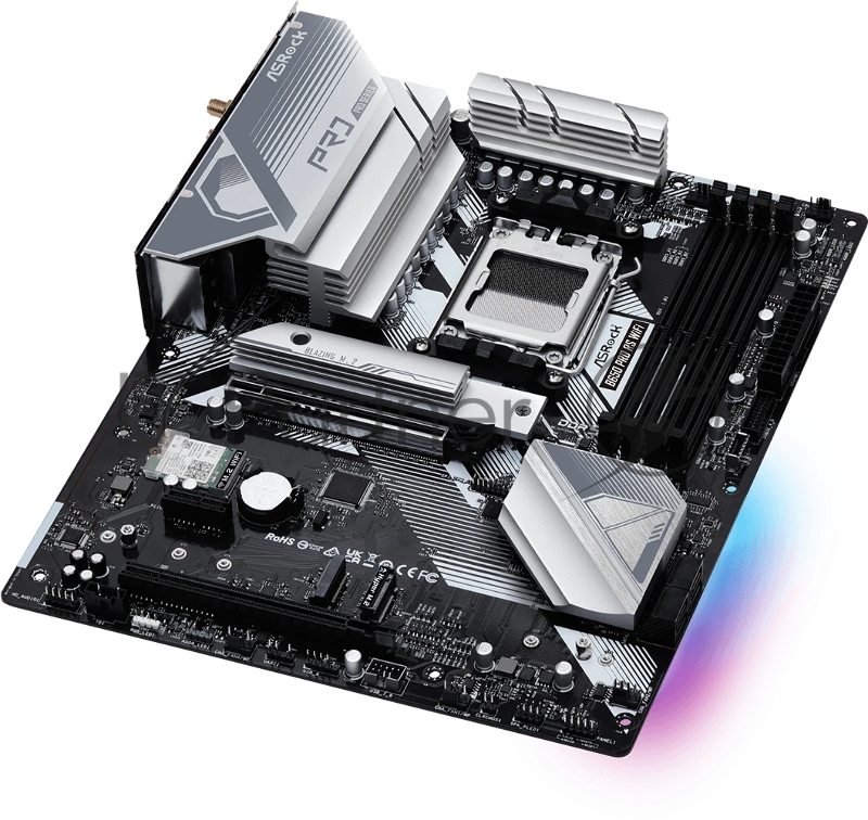 Материнская плата ASROCK B650 PRO RS WIFI, AM5, B650, 4*DDR5, 4*SATA, 3*M.2, 3*USB 3.2, 6*USB 2.0, Type-C, 2*PCIx16, 1*PCIx1, 1*M.2 (Key E), HDMI+DP, ATX