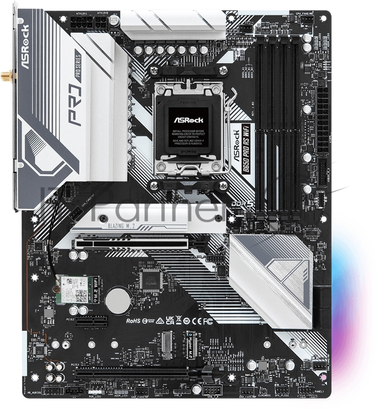 Материнская плата ASROCK B650 PRO RS WIFI, AM5, B650, 4*DDR5, 4*SATA, 3*M.2, 3*USB 3.2, 6*USB 2.0, Type-C, 2*PCIx16, 1*PCIx1, 1*M.2 (Key E), HDMI+DP, ATX