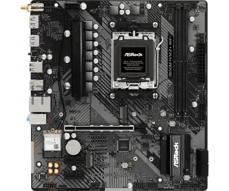 Материнская плата ASROCK B650M-H/M.2+WIFI, AM5, B650, 2*DDR5, 4*SATA, 2*M.2, 3*USB 3.2, 2*USB 2.0, Type-C, 1*PCIx16, 2*PCIx1, 1xM.2 (Key E), HDMI+DP, mATX