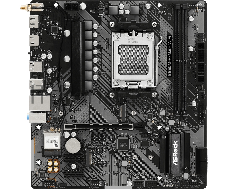Материнская плата ASROCK B650M-H/M.2+WIFI, AM5, B650, 2*DDR5, 4*SATA, 2*M.2, 3*USB 3.2, 2*USB 2.0, Type-C, 1*PCIx16, 2*PCIx1, 1xM.2 (Key E), HDMI+DP, mATX