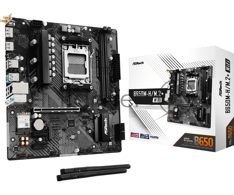 Материнская плата ASROCK B650M-H/M.2+WIFI, AM5, B650, 2*DDR5, 4*SATA, 2*M.2, 3*USB 3.2, 2*USB 2.0, Type-C, 1*PCIx16, 2*PCIx1, 1xM.2 (Key E), HDMI+DP, mATX
