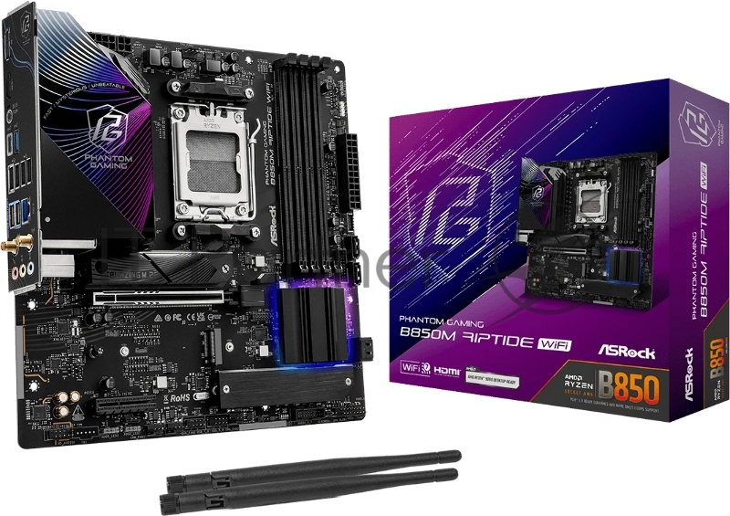 Материнская плата ASROCK B850M RIPTIDE WIFI, AM5, B850, 4*DDR5, 4*SATA, 3*M.2, 4*USB 2.0, 3*USB 3.2, Type-C, 2*PCIx16, 1*M.2 (Key E), HDMI+DP, mATX