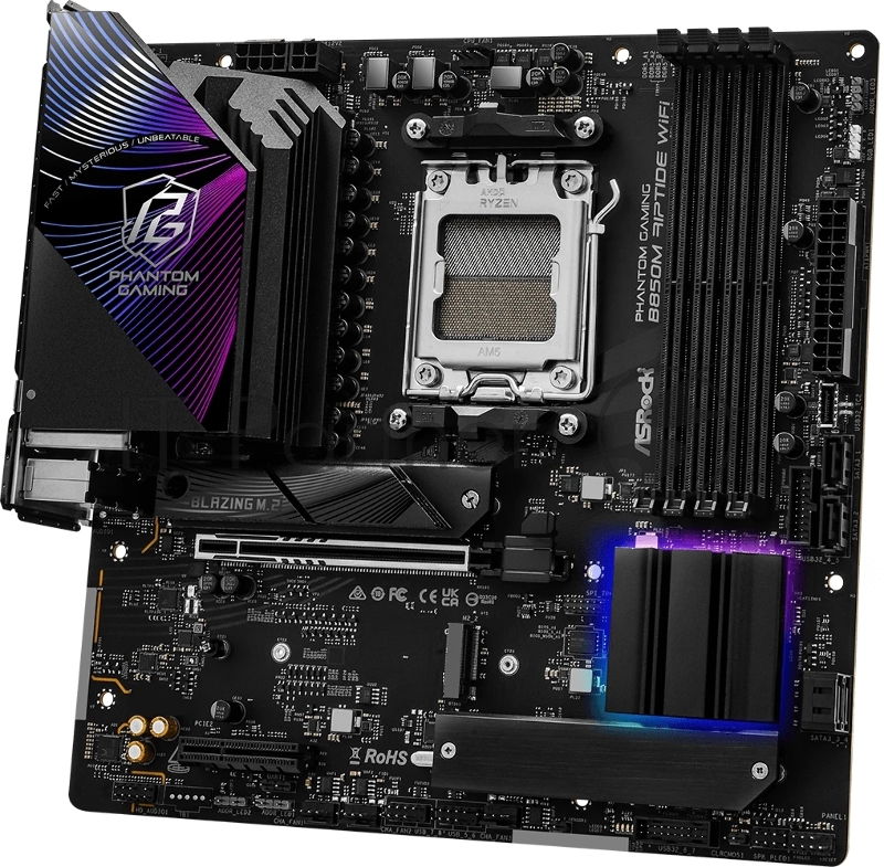 Материнская плата ASROCK B850M RIPTIDE WIFI, AM5, B850, 4*DDR5, 4*SATA, 3*M.2, 4*USB 2.0, 3*USB 3.2, Type-C, 2*PCIx16, 1*M.2 (Key E), HDMI+DP, mATX
