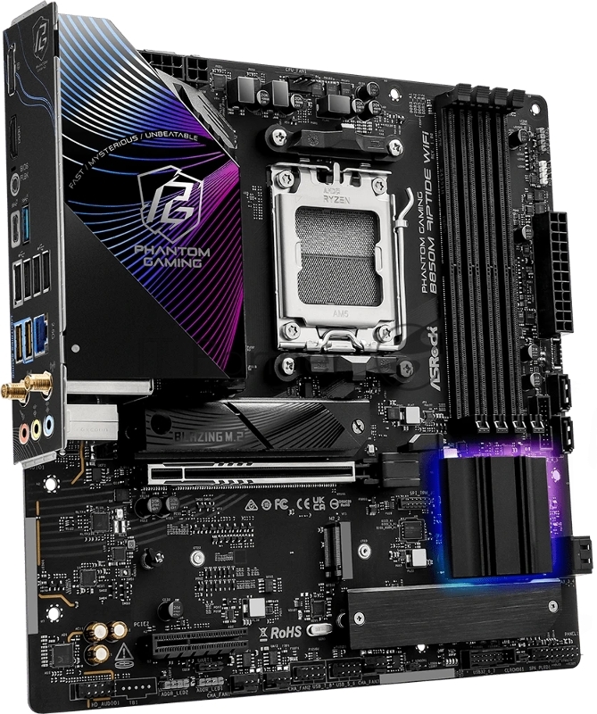 Материнская плата ASROCK B850M RIPTIDE WIFI, AM5, B850, 4*DDR5, 4*SATA, 3*M.2, 4*USB 2.0, 3*USB 3.2, Type-C, 2*PCIx16, 1*M.2 (Key E), HDMI+DP, mATX