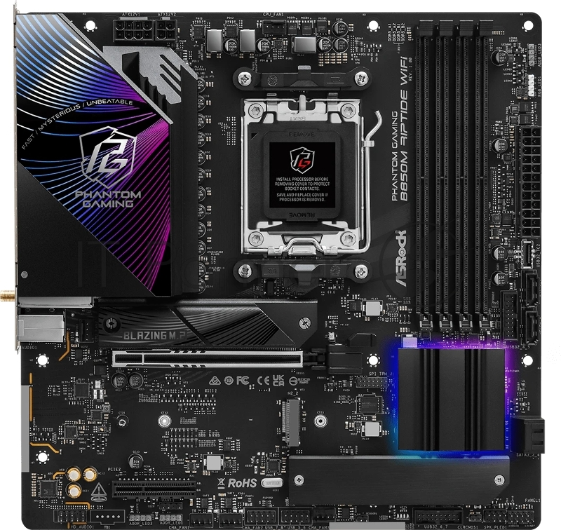 Материнская плата ASROCK B850M RIPTIDE WIFI, AM5, B850, 4*DDR5, 4*SATA, 3*M.2, 4*USB 2.0, 3*USB 3.2, Type-C, 2*PCIx16, 1*M.2 (Key E), HDMI+DP, mATX