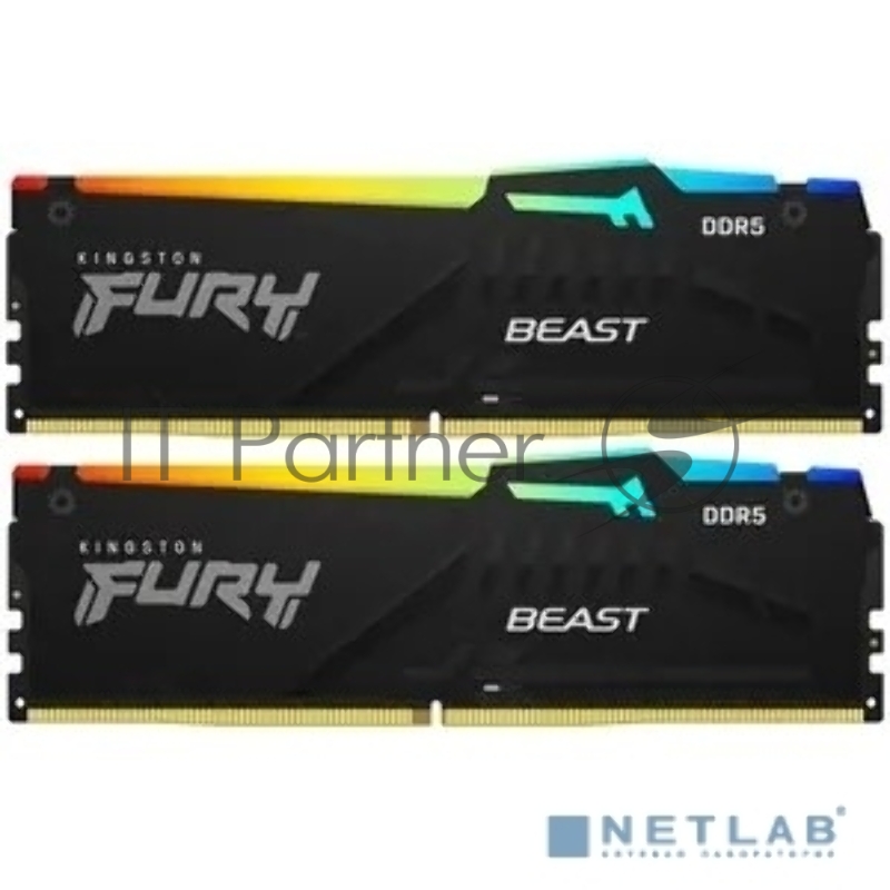 Оперативная память Kingston Fury Beast, DDR5, 64Gb (2x32Gb), 5200MHz, CL40, DIMM, с радиатором, RGB, черный