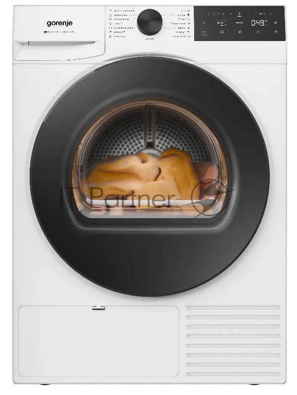 Сушильная машина Gorenje DG49D, отдельностоящая, ВхШхГ 850х600х625 мм, загрузка 9 кг, 15 программ, конденсационная сушка с тепловым насосом, поворотное/сенсорное управление, цифровой дисплей, Wi-Fi, датчик влажности белья, функция TwinAir, половинная