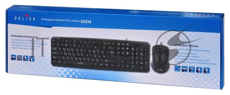 Комплект клавиатура+мышь Oklick 600M проводной, USB, 1200 DPI, чёрный