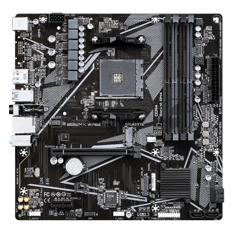 Материнская плата Gigabyte B550M K WF6E B550, AM5, 4xDDR4, 1*PCI-Ex16,2*M.2, 6*USB3.2Gen1, 6*USB2.0, 4*SATA3.0, 1G, DP, HDMI, ATX, RTL