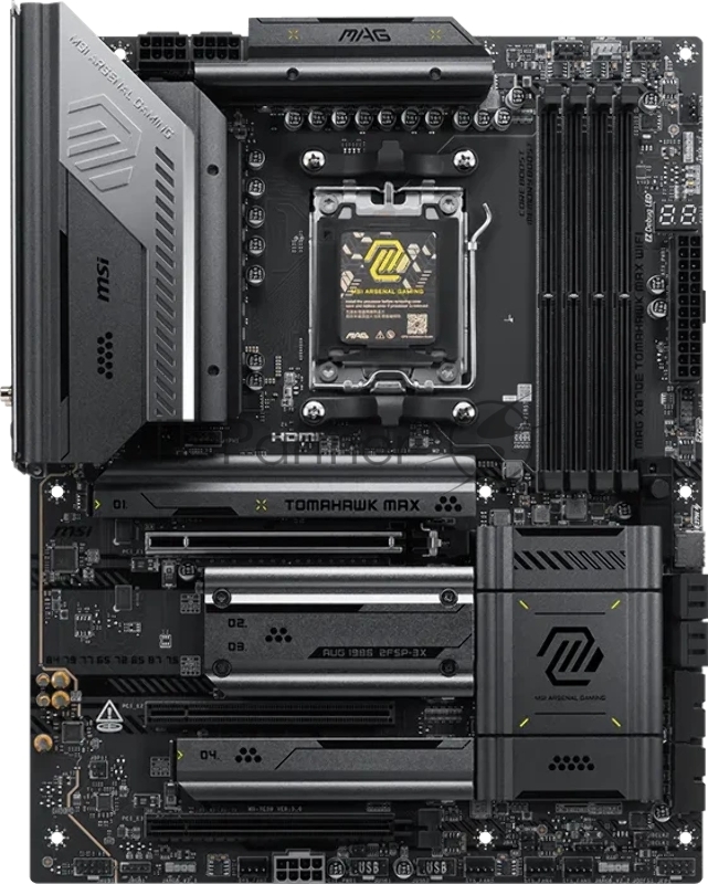 Материнская плата MSI MAG X870E TOMAHAWK MAX WIFI X870E, AM5, 4*DDR5, 3*PCIEx16, 4*M.2, 2*TypeC, 2*USB3.2Gen2, 7*USB3.2Gen1, 8*USB2.0, 4*SATA3.0, 5G, 2*Type-C(DP), HDMI, ATX, RTL