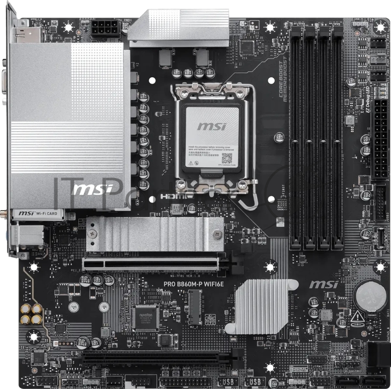 Материнская плата MSI PRO B860M-P WIFI6E B860, LGA1851, 4*DDR5, 2*PCIEx16, 2*M.2, 1*TypeC, 5*USB3.2Gen1, 6*USB2.0, 4*SATA3, 2.5G, VGA, DP, HDMI, M-ATX, RTL