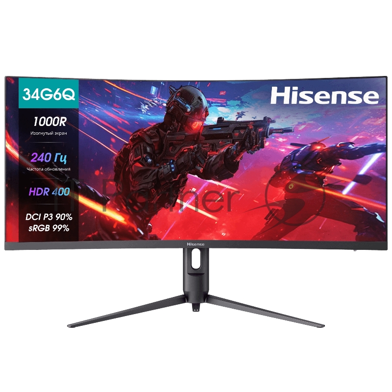 Монитор Hisense/ 34/3440x1440, изогнутый, VA/ELED, 21:9, матовое/антибликовое, 240Гц, время отклика 1мс, 320кд/м2, 3000:1, встроенные колонки 2*3Вт, HDR 400, DisplayPort, HDMIх2, разъем для наушников 3.5мм, rotatable lifting