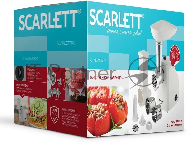 Мясорубка электрическая Scarlett SC-MG45M20 белый, 1800 Вт, 2.0 кг/мин, реверс, защита от перегрузки, насадки - 6