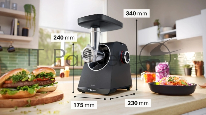 Мясорубка электрическая Bosch MFWS430B черный, 1900 Вт, 2.5 кг/мин, реверс, насадки - 6