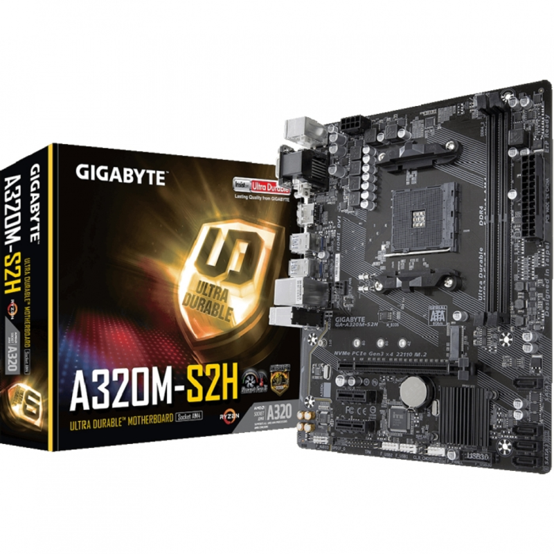 Мат. плата SocketAM4 GIGABYTE GA-A320M-S2H V2 (AMD B350, 2xDDR4, M.2, SATA III, RAID, PCI-E, D-Sub, DVI, HDMI, 1Гбит LAN, USB3.1, mATX)