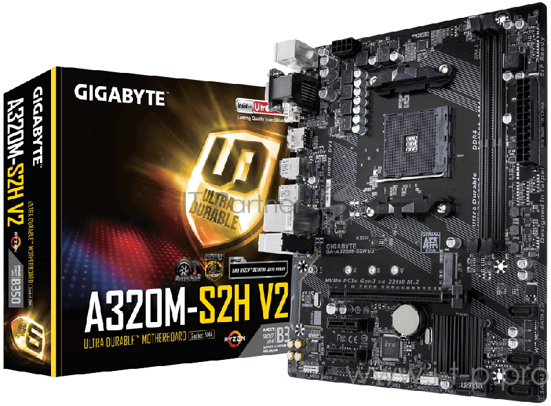 Мат. плата SocketAM4 GIGABYTE GA-A320M-S2H V2 (AMD B350, 2xDDR4, M.2, SATA III, RAID, PCI-E, D-Sub, DVI, HDMI, 1Гбит LAN, USB3.1, mATX)