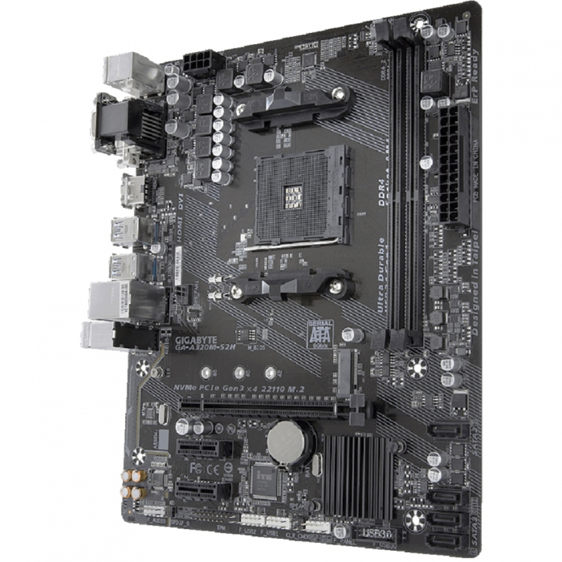 Мат. плата SocketAM4 GIGABYTE GA-A320M-S2H V2 (AMD B350, 2xDDR4, M.2, SATA III, RAID, PCI-E, D-Sub, DVI, HDMI, 1Гбит LAN, USB3.1, mATX)