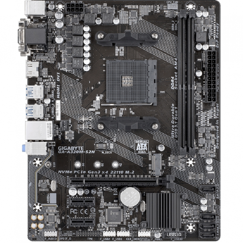 Мат. плата SocketAM4 GIGABYTE GA-A320M-S2H V2 (AMD B350, 2xDDR4, M.2, SATA III, RAID, PCI-E, D-Sub, DVI, HDMI, 1Гбит LAN, USB3.1, mATX)