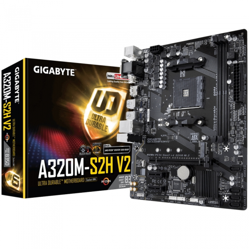 Мат. плата SocketAM4 GIGABYTE GA-A320M-S2H V2 (AMD B350, 2xDDR4, M.2, SATA III, RAID, PCI-E, D-Sub, DVI, HDMI, 1Гбит LAN, USB3.1, mATX)