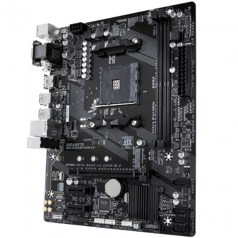 Мат. плата SocketAM4 GIGABYTE GA-A320M-S2H V2 (AMD B350, 2xDDR4, M.2, SATA III, RAID, PCI-E, D-Sub, DVI, HDMI, 1Гбит LAN, USB3.1, mATX)