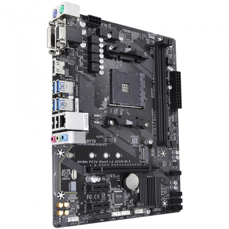 Мат. плата SocketAM4 GIGABYTE GA-A320M-S2H V2 (AMD B350, 2xDDR4, M.2, SATA III, RAID, PCI-E, D-Sub, DVI, HDMI, 1Гбит LAN, USB3.1, mATX)