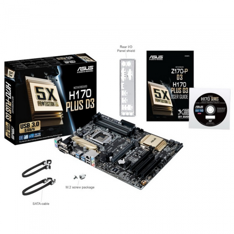 Мат. плата Socket1151 ASUS H170-PLUS D3 (iH170, 4xDDR3, M.2, SATA III, RAID, 2xPCI-E, D-Sub, DVI, HDMI, 1Гбит LAN, USB3.0, ATX)