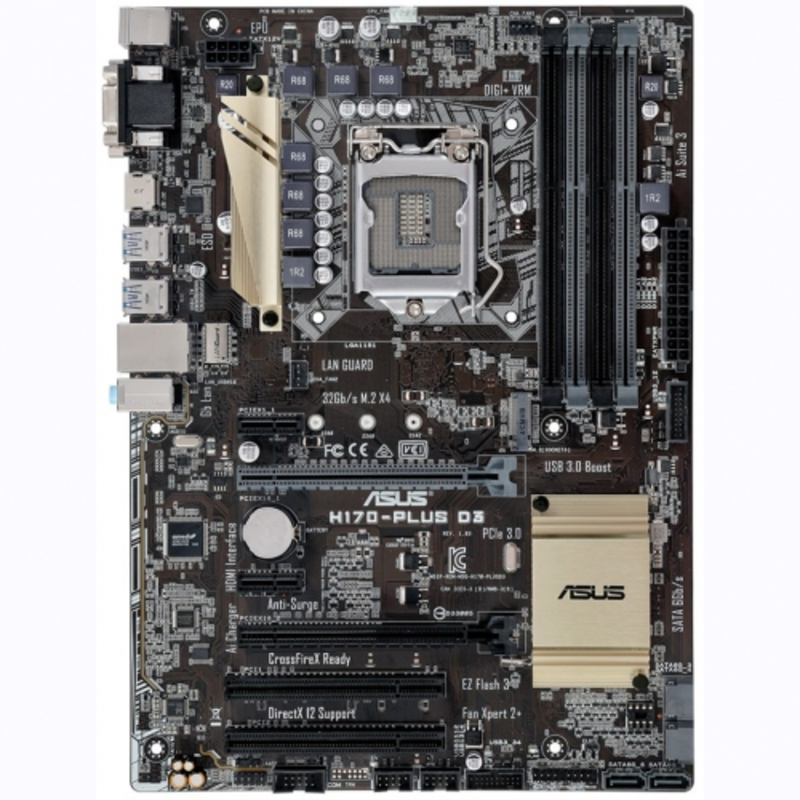 Мат. плата Socket1151 ASUS H170-PLUS D3 (iH170, 4xDDR3, M.2, SATA III, RAID, 2xPCI-E, D-Sub, DVI, HDMI, 1Гбит LAN, USB3.0, ATX)