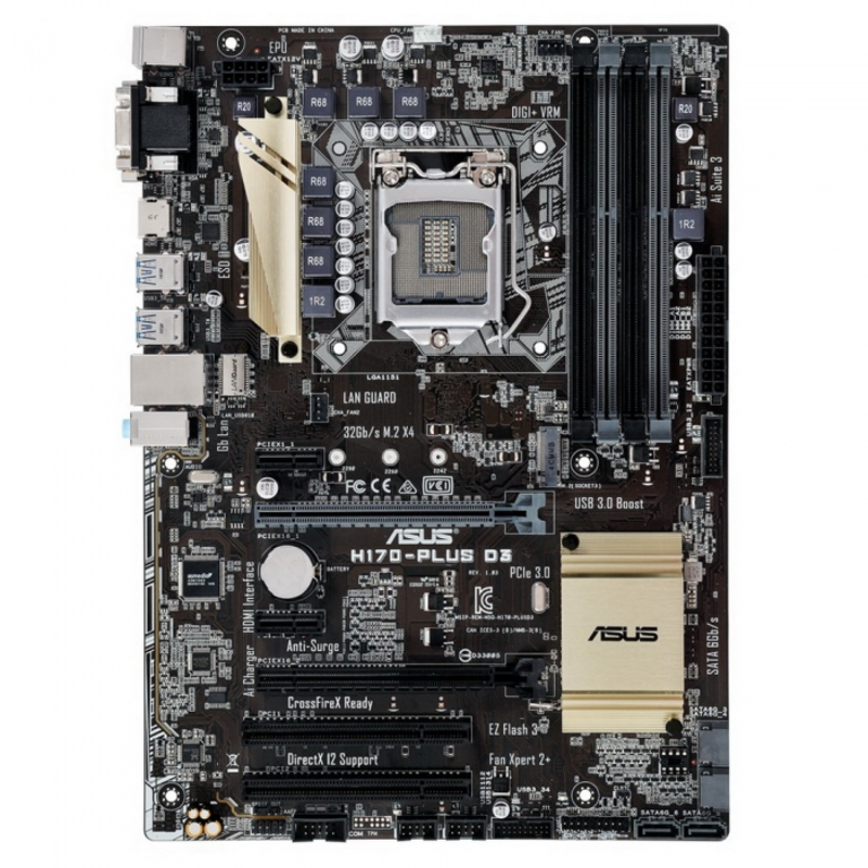 Мат. плата Socket1151 ASUS H170-PLUS D3 (iH170, 4xDDR3, M.2, SATA III, RAID, 2xPCI-E, D-Sub, DVI, HDMI, 1Гбит LAN, USB3.0, ATX)