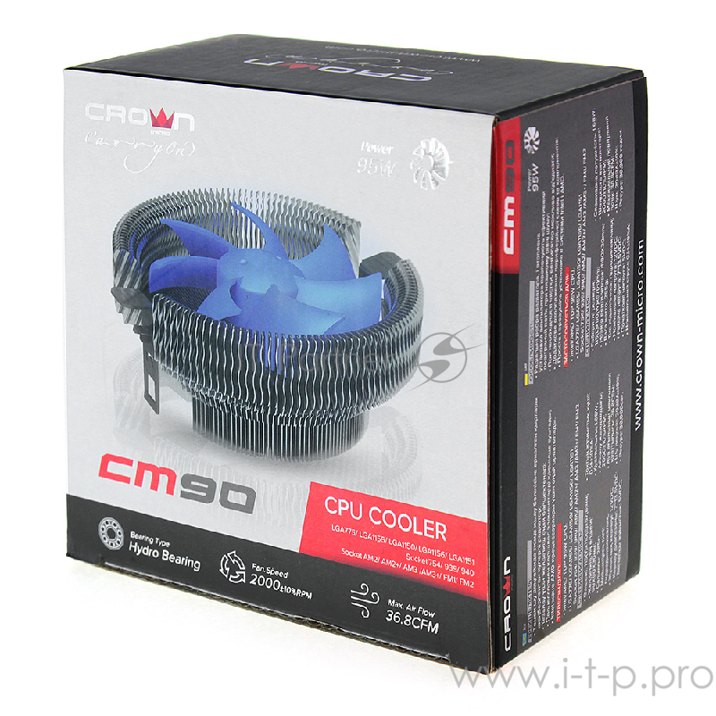 вентилятор CROWN Кулер для процессора CM-90 (Для Intel и AMD,TDP до 95 Ватт,Низкая посадка радиатора,Гидродинамическии подшипник,Размер: 115*110*57 мм)