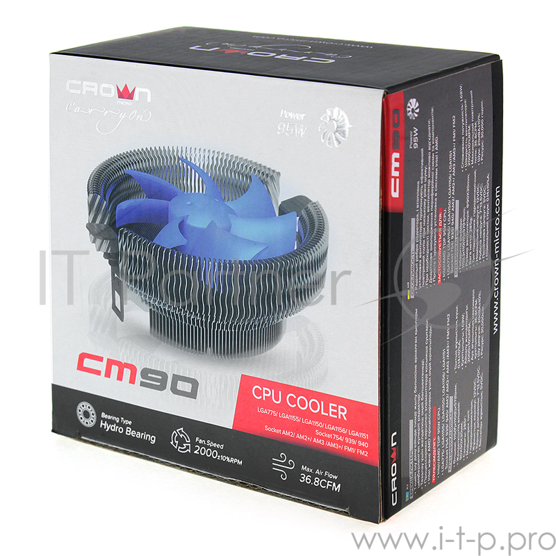 вентилятор CROWN Кулер для процессора CM-90 (Для Intel и AMD,TDP до 95 Ватт,Низкая посадка радиатора,Гидродинамическии подшипник,Размер: 115*110*57 мм)