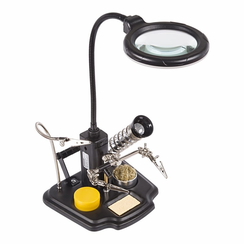 Паяльные лампы (Автомобильные) Rexant 12-0258 Держатель третья рука ПРОФИ с лупой х3, подставка под паяльник, LED подсветка, стенд для припоя