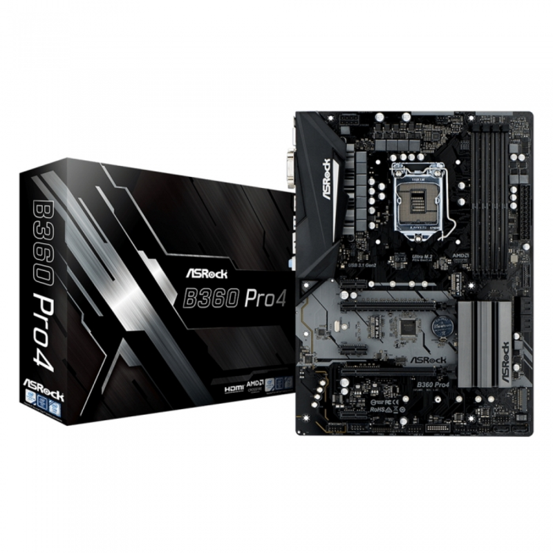 Материнская плата ASROCK B360 PRO4, Socket 1151v2, Intel®B360, 4xDDR4-2666, D-SUB+DVI+HDMI, 2xPCI-Ex16, 3xPCI