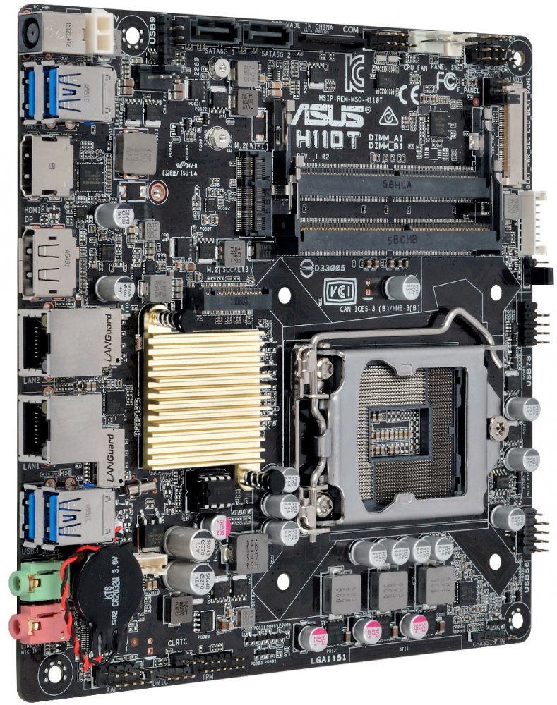 Материнская плата ASUS H110T LGA 1151, Intel H110, 2xDDR-4 SO-DIMM, 7.1CH, 2x1000 Мбит/с, USB3.0, HDMI, DP, Thin Mini-ITX RTL