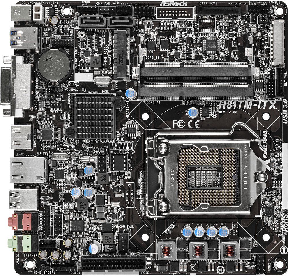 Материнская плата Asrock H81TM-ITX R2.0, S1150, Intel® H81,H81/2DDR3/2SATA3/THIN MINI-ITX, RTL {20}