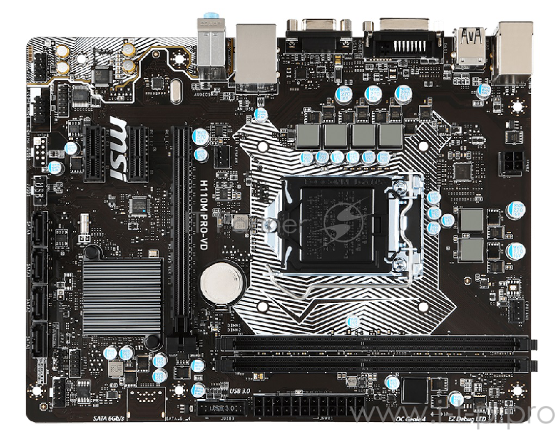 Материнская плата MSI H110M PRO-VD LGA LGA 1151, Intel H110, 2xDDR-4, 7.1CH, 1000 Мбит/с, USB3.1, D-Sub, DVI, mATX RTL