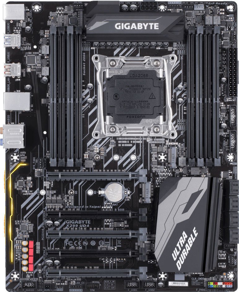 Материнская плата X299 S2066 ATX GA-X299 UD4 GIGABYTE Socket 2066, Intel X299, 8xDDR-4, 7.1CH, 1000 Мбит/с, USB3.1, ATX, Retail