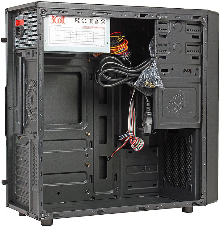 Корпус 3Cott 3C-ATX-J107, Black, ATX, блок питания 450 Вт, выходы USB 2.0x2, Audio+Mic, материал шасси класса A, SPCC толщиной 0.5mm