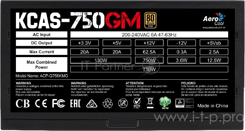 Блок питания Aerocool 750W Retail KCAS-750GM , модульный, ATX v2.4, 80+ Gold, 4+4-Pin, 4x PCI-E (6+2