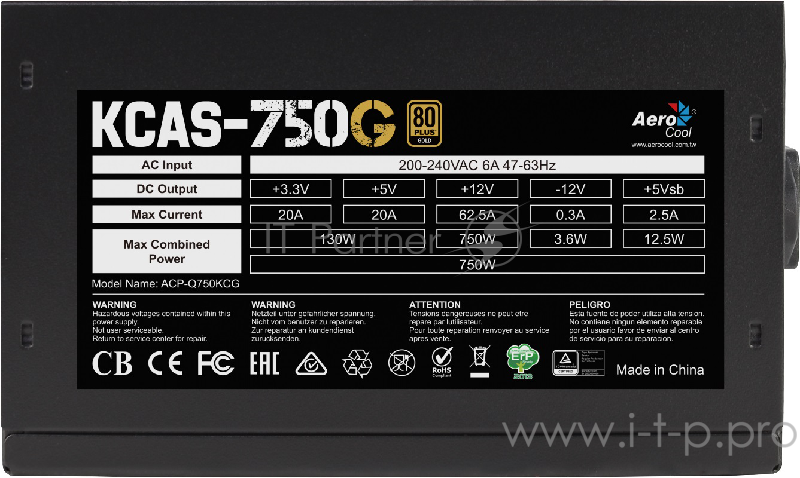 Блок питания Aerocool KCAS-750G RGB (ATX 2.4, 750W, Active PFC, 120mm fan, 80 PLUS GOLD) Box
