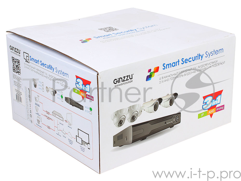 Комплект Видеонаблюдения GINZZU HK-421D 4-канальный 1080N гибридный 3 в 1 видеорегистратор / 2 уличн